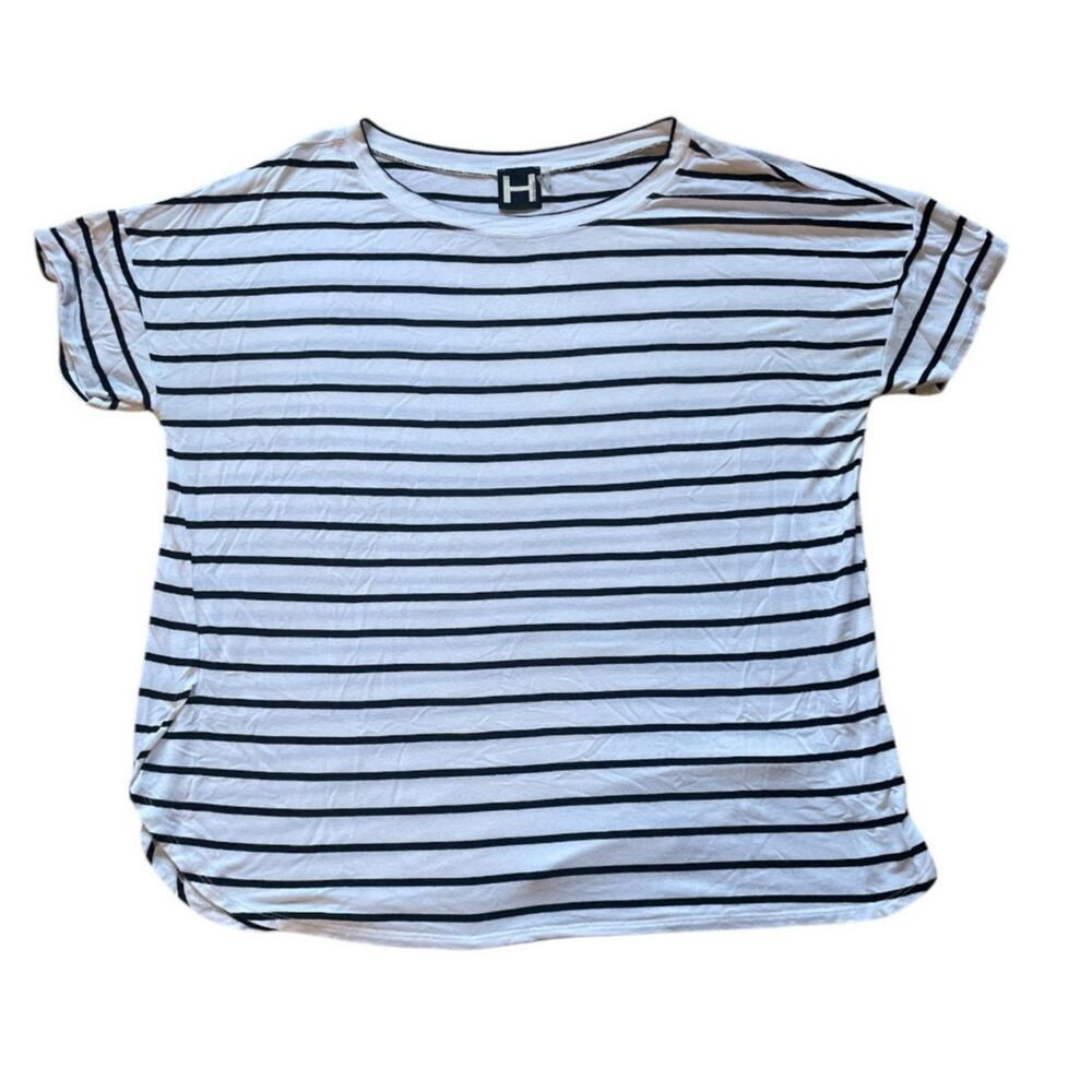 H By Bordeaux Womens White/Black Horizontal Strip Tee Size XL Classic Relaxed